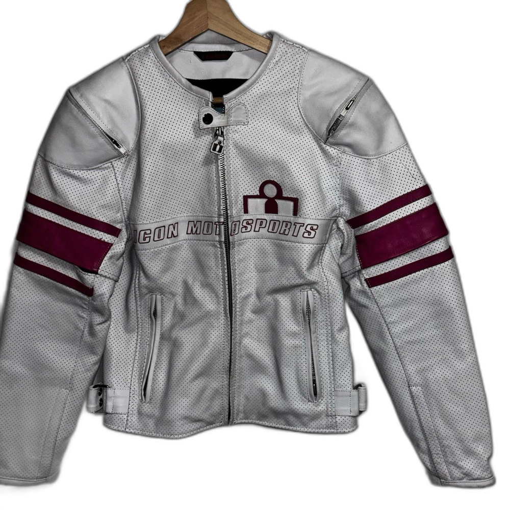 Icon Motorsport Women Pursuit Jacket Pink White Leather Pockets Small